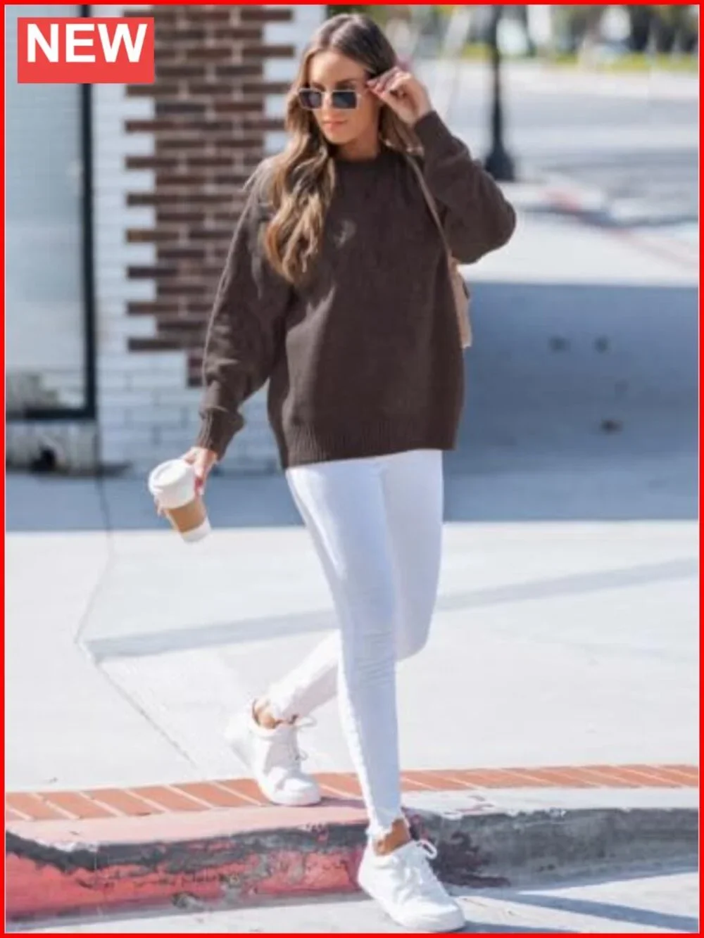 Womens Oversized Crewneck Ribbed Cable Knit Pullover Sweater